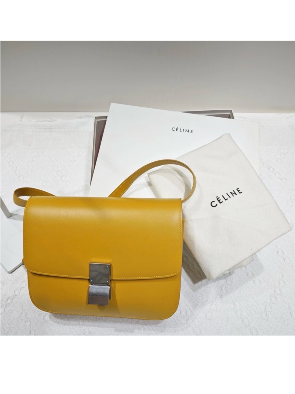 Celine Classic Box Style Leather Shoulder Bag Yellow Minimal Chic - Picture 8 of 14